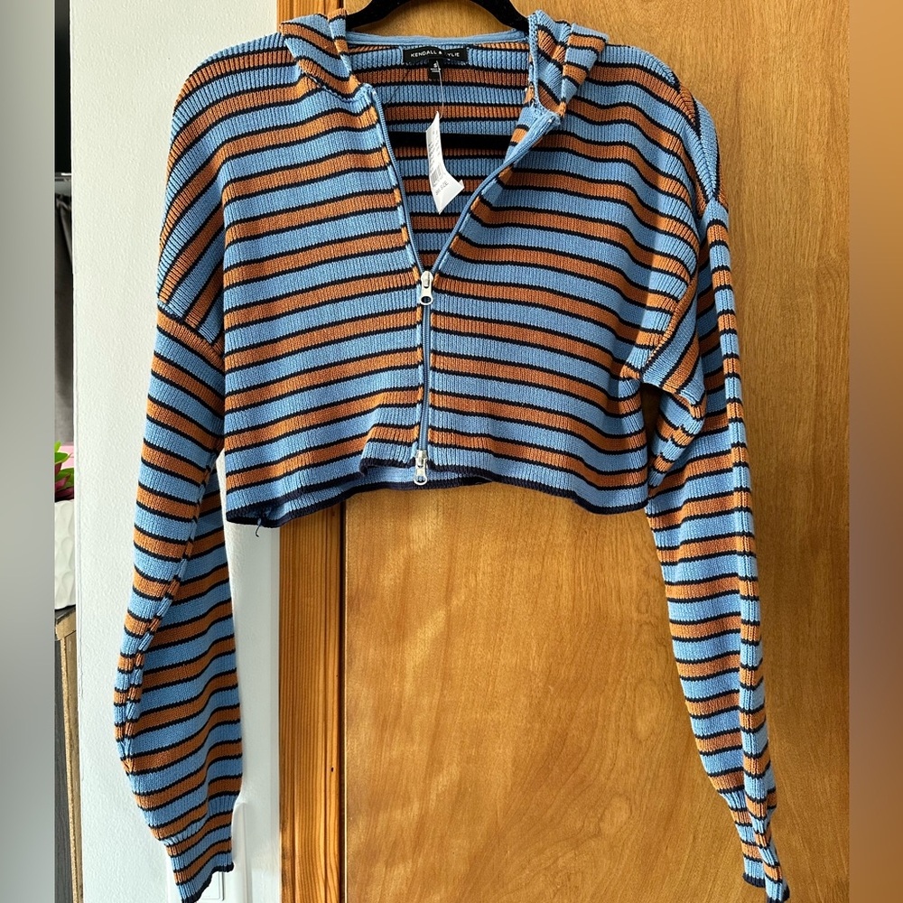 Kendall + Kylie Striped Zip Up Cropped Hoodie